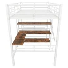 High Bed, 90*200cm, Without Mattress, Bed With Desk, Multiple Shelves, Railing, Ladder, Iron Frame, Black - 白色 + 金屬 + 90厘米*200厘米 - 查看 4