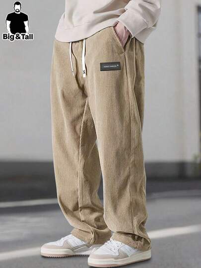 大码男士灯芯绒直筒休闲裤，配有抽绳松紧腰带，适合日常休闲、运动、徒步旅行穿着
