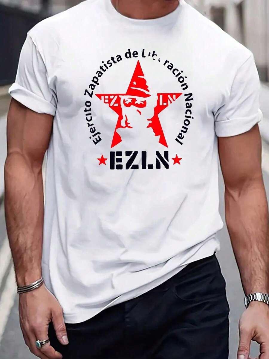 Men's Black EZLN Graphic T-Shirt - Zapatista De Liberacion Nacional Design With Red Star & Silhouettes, Micro-Stretch Regular Fit Casual Summer Tee, Plus Size Bold Graphic Tee For Year-Round Comfort, Comfortable Daily Wear, Casual Style Shirt, Microstretch Fabric - 黑色 - 查看 1
