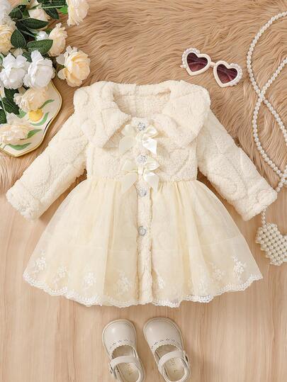 Baby Girls' Cute Solid Color Faux Fur Collar Long Sleeve Double Bow Decor Floral Mesh Design Single-Breasted Cardigan, Fashionable & Versatile Mid-Length Warm Outerwear For Girls, Suitable For Daily, Party, Outing In Autumn/Winter