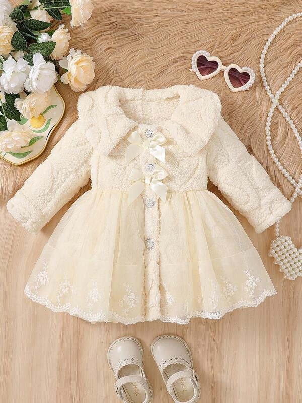 Baby Mädchen süßer einfarbiger Kunstpelzkragen Langarm Doppelschleife Dekor Blumen Mesh Design Knopfleiste Strickjacke, modisch & vielseitig mittellange warme Oberbekleidung für Mädchen, geeignet für Alltag, Party, Ausflüge im Herbst/Winter