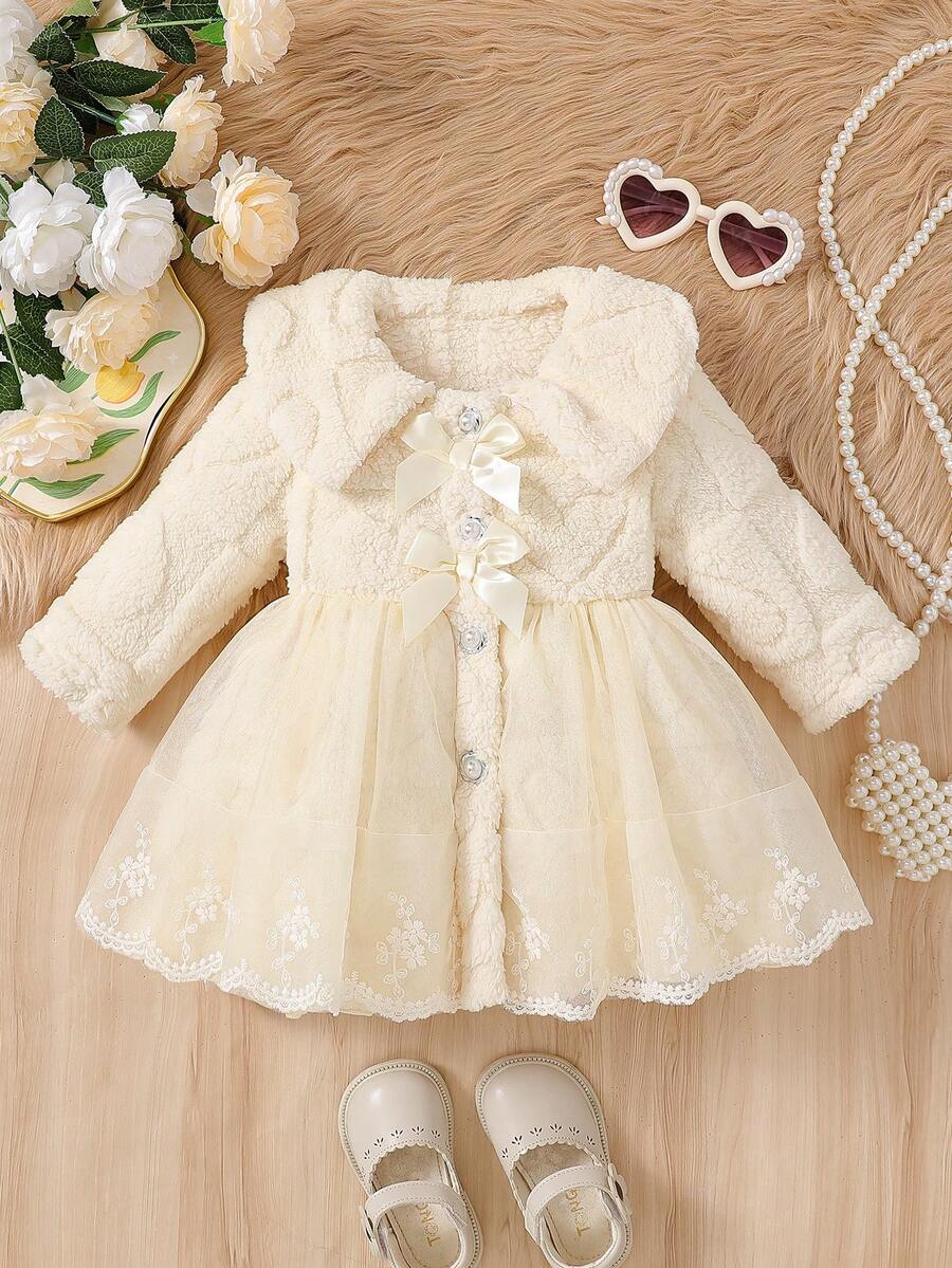 女婴可爱纯色仿毛领长袖双蝴蝶结装饰花卉网纱单排扣开衫，时尚百搭的中长款保暖外套，适合秋冬季日常、聚会、外出等场合。 - 杏色 - 查看 1