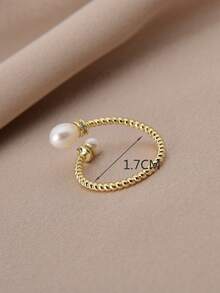 1 pièce Bague ouverte réglable plaquée or 18 carats avec perle naturelle et zircone cubique pour femmes