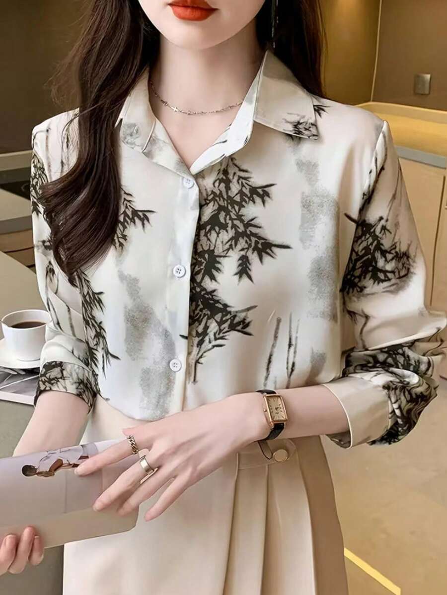 Women's New Arrival Elegant Printed Casual Shirt, Long Sleeve Design, Suitable For Daily Wear And Vacation - White and Green - View 1