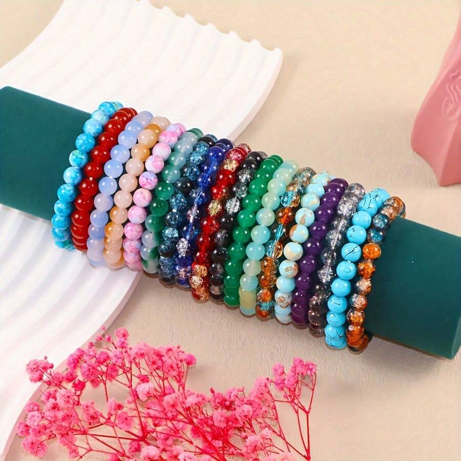 18pcs/Set Assorted Elastic Bracelets, 8mm Faux Natural Stone Beads, Ombre Floral Pattern Design, Suitable For Women Daily Wear, Gift - 18 Pieces In Multiple Colors - View 1