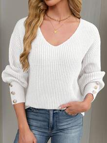 Women's Basic Loose V-Neck Button Sweater, Lightweight Ribbed Knit Pullover, White Casual - White - View 4