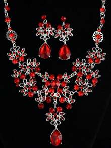 4pcs/Set Luxury Ditsy Floral Sweet Style Jewelry Set, Including Necklace, Earrings And Ring, Crystal Teardrop Design, Ideal For Party, Date, Gift And Casual Wear