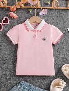 Girls' Collared Short Sleeve Sports T-Shirt/Polo Shirt, School Style, Summer - Pink - View 1