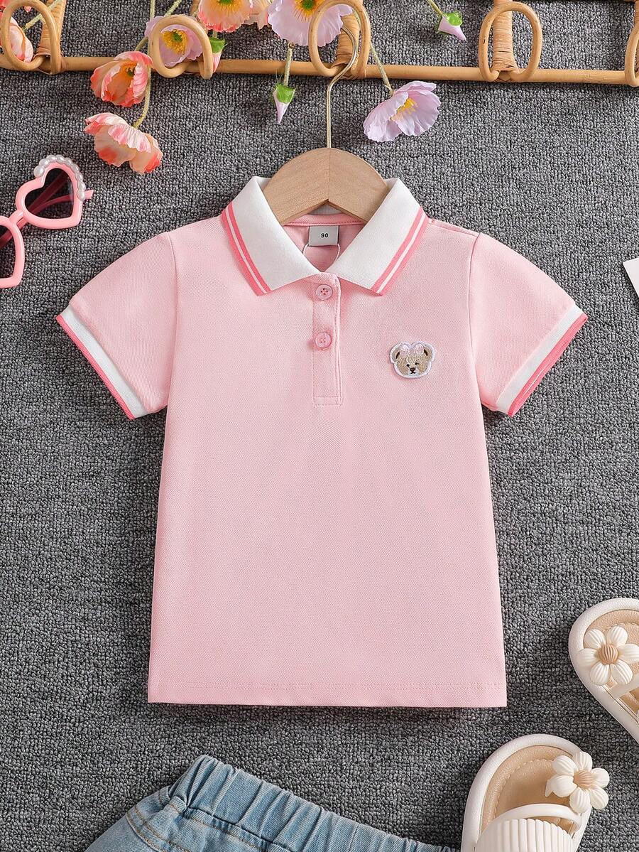 Girls' Collared Short Sleeve Sports T-Shirt/Polo Shirt, School Style, Summer - Pink - View 1