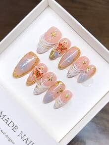 Móng tay giả hình quả hạnh nhân làm thủ công; Thiết kế chạm khắc hoa nhiệt đới 3D ba chiều cá nhân hóa mùa thu và mùa đông; Nhấn vào móng tay - Nhiều màu - Xem 2