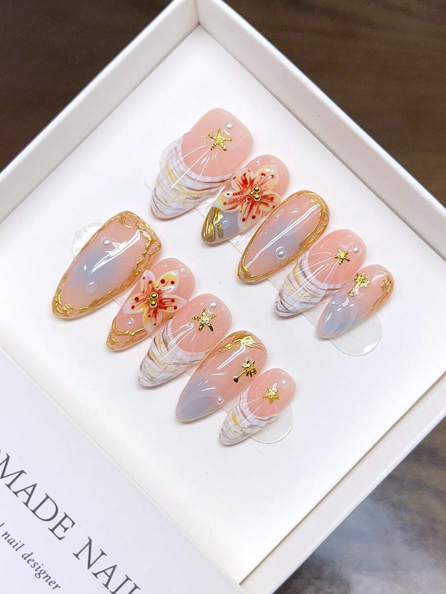 Móng tay giả hình quả hạnh nhân làm thủ công; Thiết kế chạm khắc hoa nhiệt đới 3D ba chiều cá nhân hóa mùa thu và mùa đông; Nhấn vào móng tay