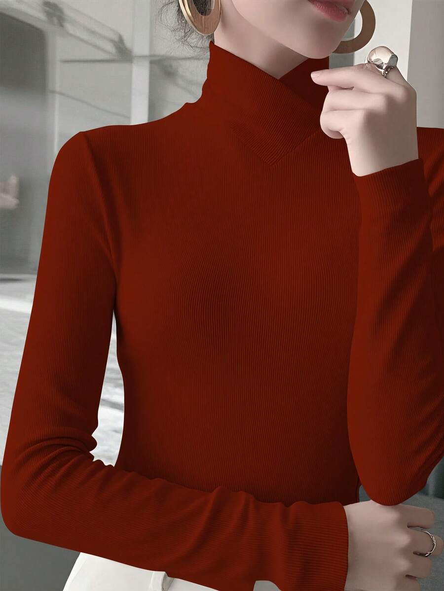 Camiseta interior de punto de unicolor con cuello cruzado para mujer, nueva prenda casual de primavera para uso en la oficina, color rojo