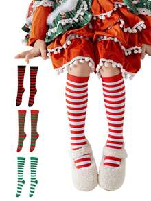1 Pair Striped Over-The-Knee Christmas Socks, Holiday Performance Knee-High Socks, Knitted Fabric, Suitable For Children Aged 7-14, Great For Holiday Gifts - Multicolor - View 1