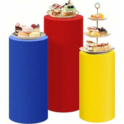 3 piezas Nuevas Cubiertas de pedestal cilíndrico de colores mixtos de spandex para decoración de fiestas, bodas o eventos de cumpleaños (solo contiene cubiertas cilíndricas de colores)