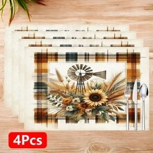 1 pieza/4 piezas/6 piezas Manteles individuales de lino con estampado de girasol, adecuados para mesa de comedor, decoración para todas las estaciones, manteles de mesa lavables modernos, decoración de habitación, posavasos, manteles de cocina y comedor, decoración de fiesta interior y exterior, decoración del hogar, regalo ideal