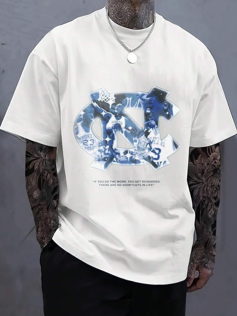 Men's Print T-Shirt - North Carolina Basketball Player And Logo Design Casual Round Neck Short Sleeve Tee For Urban Streetwear, All-Season Comfort Fit
-White - 白色 - 查看 1