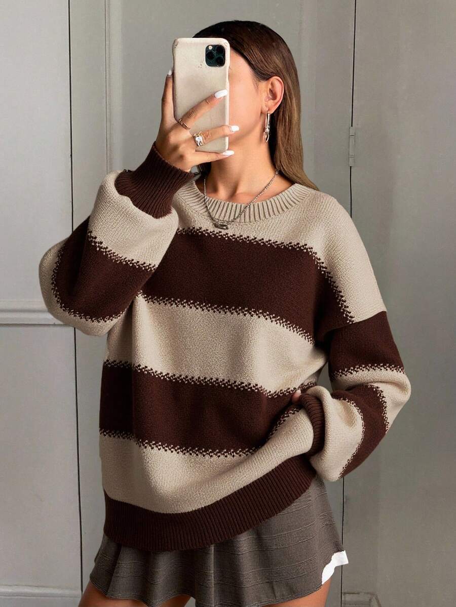 Livesso 女士条纹宽松长袖圆领毛衣，长袖上衣，秋季女装 - 棕色 - 查看 1