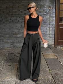 Livesso Women Solid Color Pleated Casual Pockets High Waist Wide Leg Pants,Back To School Clothes - Grey - View 6