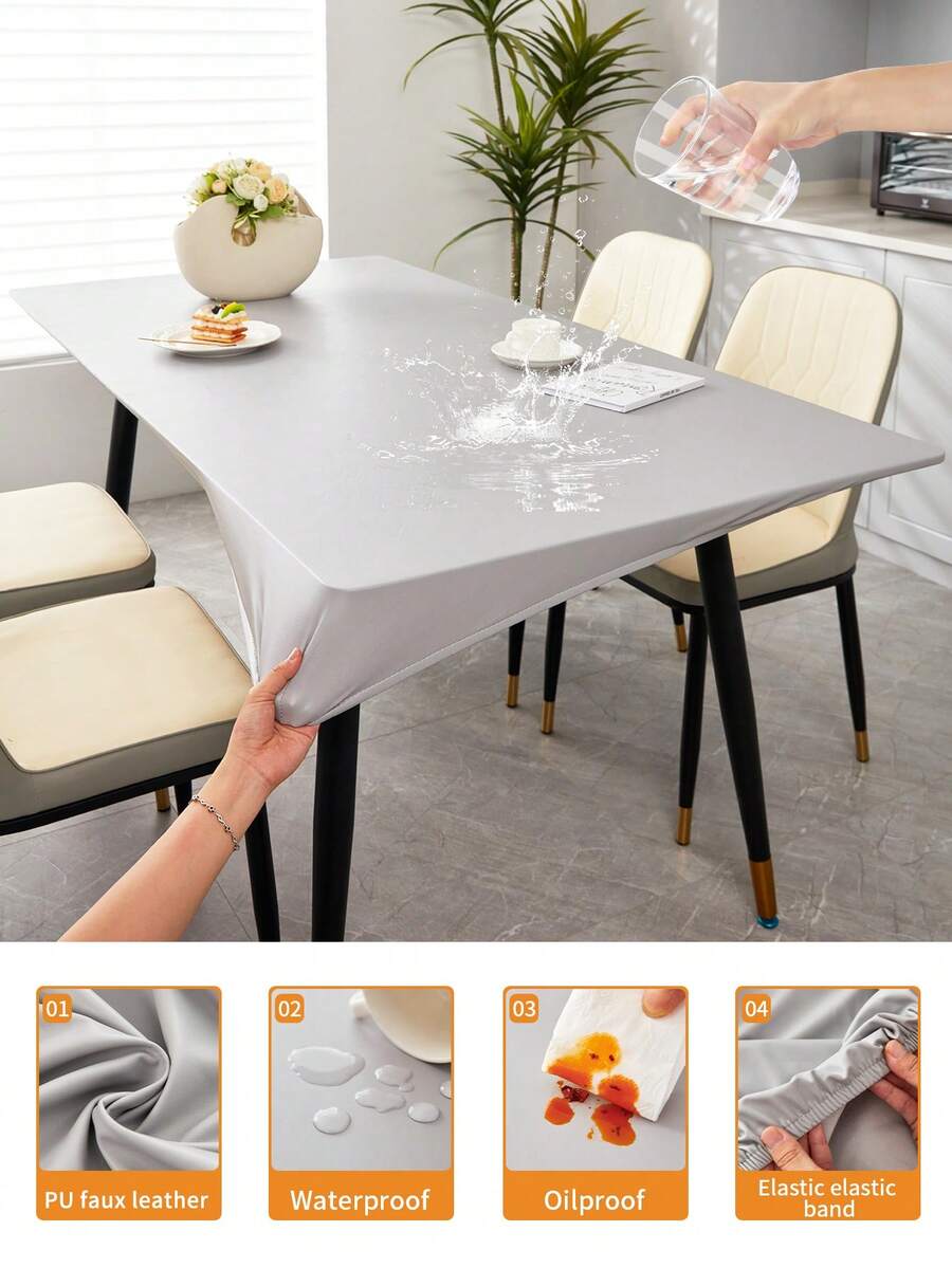 1pc Rectangular Elastic Tablecloth Cover, Waterproof And Oil-Proof Tablecloth, Grey Elastic PU Leather Material, Easy To Clean Tablecloth, Suitable For Dining Table, Catering, Party And Outdoor Garden