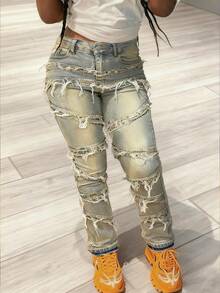 Y2K 90年代街头风做旧牛仔裤，斜插口袋，松紧带，毛边设计，独特流苏边，适合假日、节日、秋季穿着 - 女士休闲春季款 - 懷舊色 - 查看 2