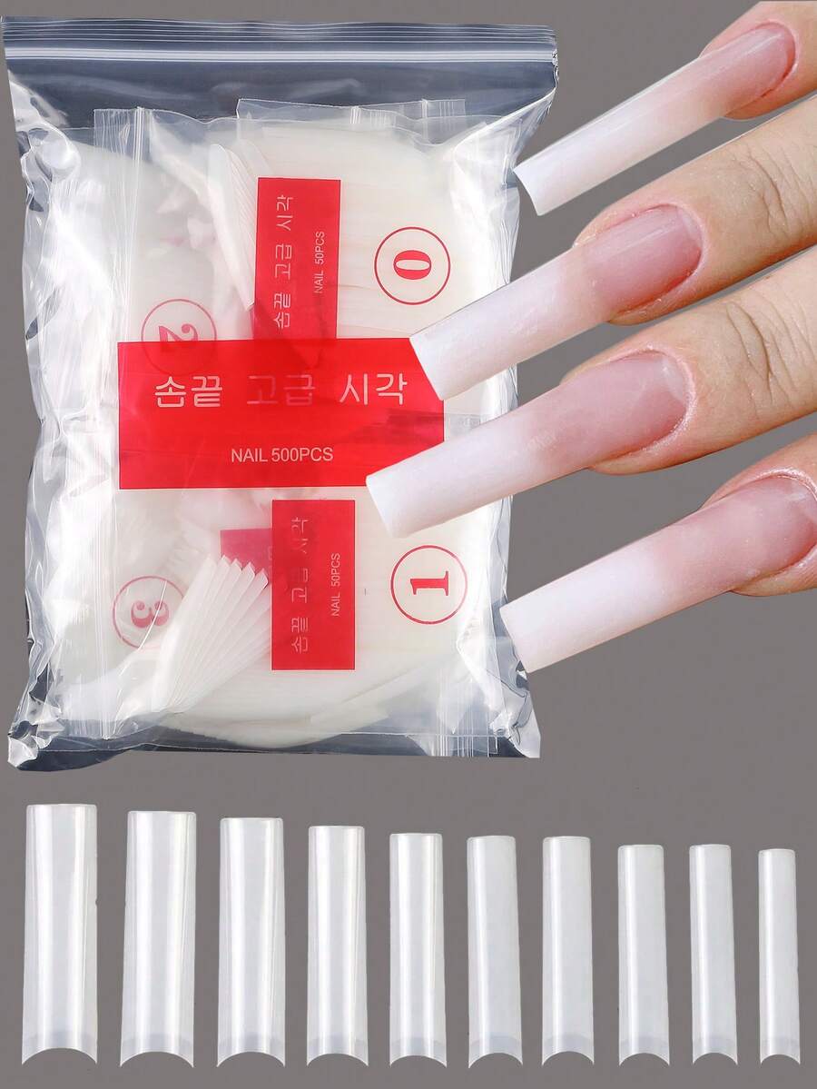 500pcs/Bag Natural Color False Nail Tips For Acrylic Nails Professional XXL Extra Long No C Flat Tapered Square Nail Tips 10 Sizes Half Cover Straight French Fake Nail Tips For Nail Salons