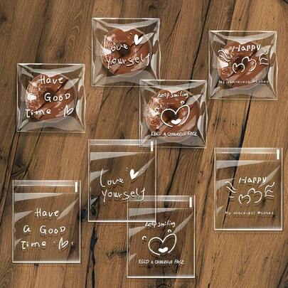 约100个透明心形四合一自粘礼品袋，印有励志语录 - 塑料派对礼品袋，适用于生日、婚礼、节日 - 可重复使用的小礼品包装袋，礼品袋，节日礼品袋，心形设计，自封袋