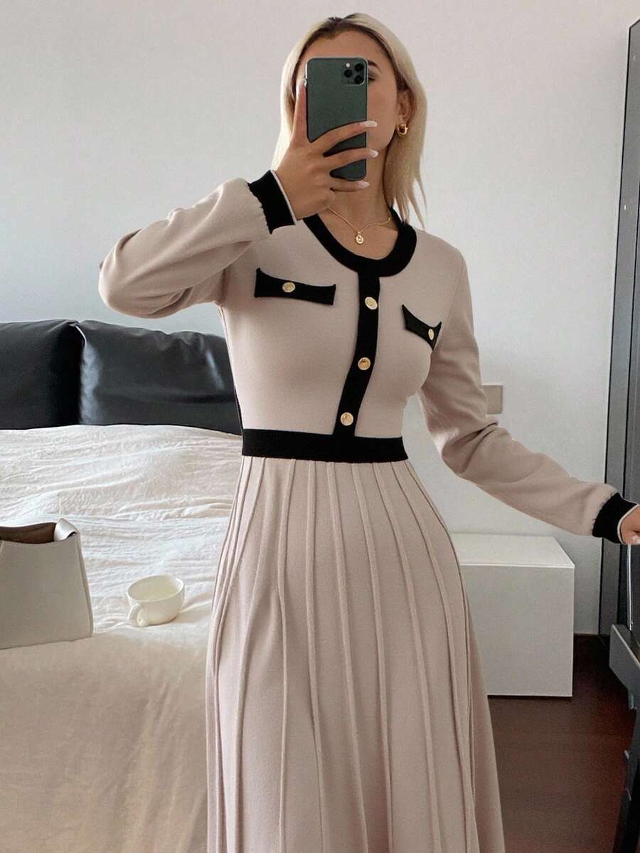 Livesso 女士优雅撞色圆领毛衣连衣裙,秋季长款连衣裙 - 杏色 - 查看 1