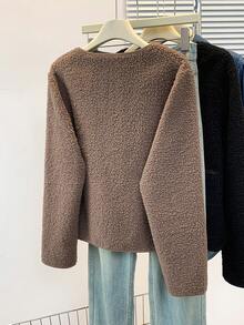 YUXIN Women's Autumn/Winter Faux Sherpa Fleece Jacket, Minimalist Round Neck Single-Breasted Design, Decorated With Dual Pockets, Multiple Colors Available, Suitable For Casual Daily And Commute Wear, Faux Fur Outerwear - Camel - View 4