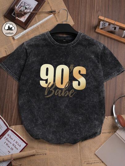 棉质复古“90 年代婴儿”字母印花夏季休闲女式圆领 T 恤