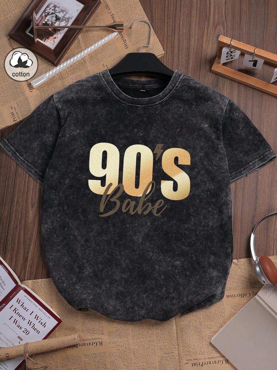棉质复古“90 年代婴儿”字母印花夏季休闲女式圆领 T 恤