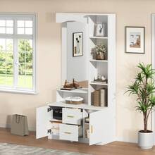 90*40*180cm Multifunctional Hallway Unit With Storage, Wardrobes With Shoe Rack And Mirror, Wardrobe With 2 Drawers And 2 Cabinets, Chest Of Drawers With Shelf, White - 1 - 查看 2