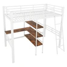 High Bed, 90*200cm, Without Mattress, Bed With Desk, Multiple Shelves, Railing, Ladder, Iron Frame, Black - 白色 + 金屬 + 90厘米*200厘米 - 查看 8