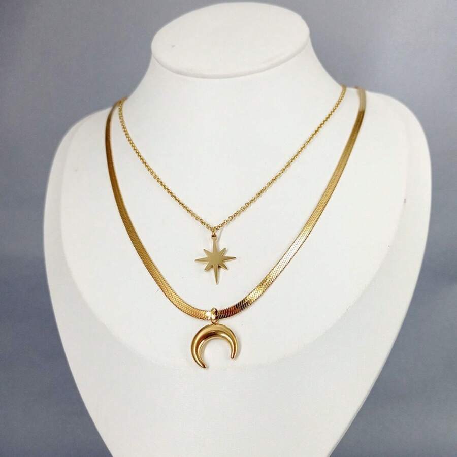 Necklace In 18K Titanium Steel, Double Layer, Fade-Resistant, Modern And Exclusive Jewelry With A Moon And Star Design. - 金色 - 查看 1