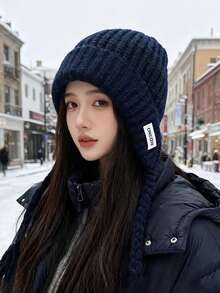 1件装 保暖秋冬新款扭结针织羊毛帽套头帽 女士秋冬保暖护耳飞行帽 滑雪雷风帽 男士编织羊毛针织帽 女士纯色百搭大头羊毛帽