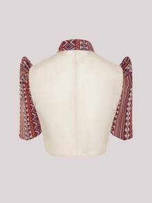 Amyenjoylife 女式春夏花卉菲律宾复古风格优雅泡泡袖立领纽扣前开襟衬衫，现代菲律宾风格 - 紅色 - 查看 2