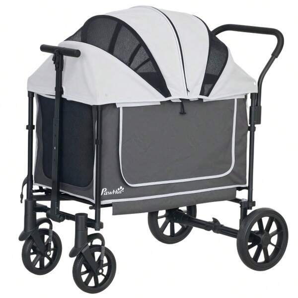 PawHut Dog Stroller, Foldable Dog And Cat Stroller Up To 30kg, Cat Stroller With Cushion, Mesh Windows, 2 Doors, Storage Bag, Cat Stroller, Dark Gray