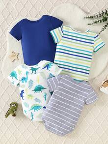 4pcs/Set Baby Boys' Cartoon Dinosaur & Wild Animal All-Over Print Round Neck Short Sleeve Bodysuit Outfit, Summer - Multicolor - View 2