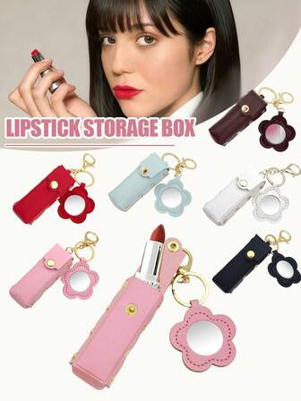 1pc Mini Flower Lipstick Case With Mirror, Portable PU Leather Keychain Lipstick Holder - Pink Makeup Bag Cosmetic Storage Box Lipstick Rack, Thanksgiving Gift For Girls, Women, Moms, Lipstick Pouch, Women's Gift, Girl's Gift, Girlfriend Gift