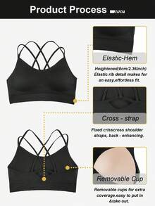 LianShengFa 1pc Women Yoga Sports Bra With Removable Pads, Criss-Cross Back Design - Black - View 3