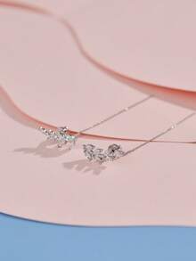 一对银叶水钻耳环，简约设计长流苏耳环，清新优雅的配饰 - 銀色 - 查看 4