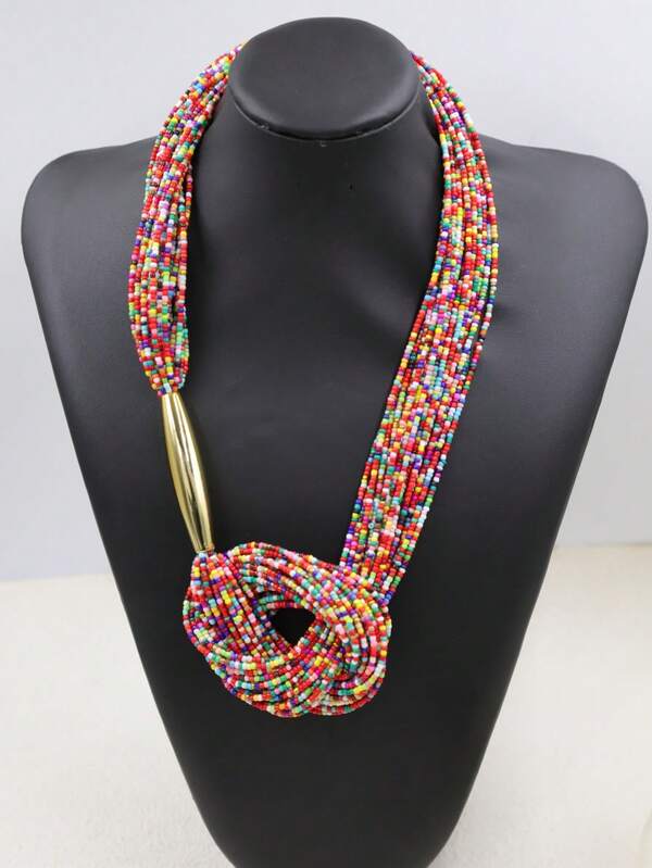 1pc Bohemian Style Multi-Layer Black Beaded & Gold Tube Knotted Long Necklace