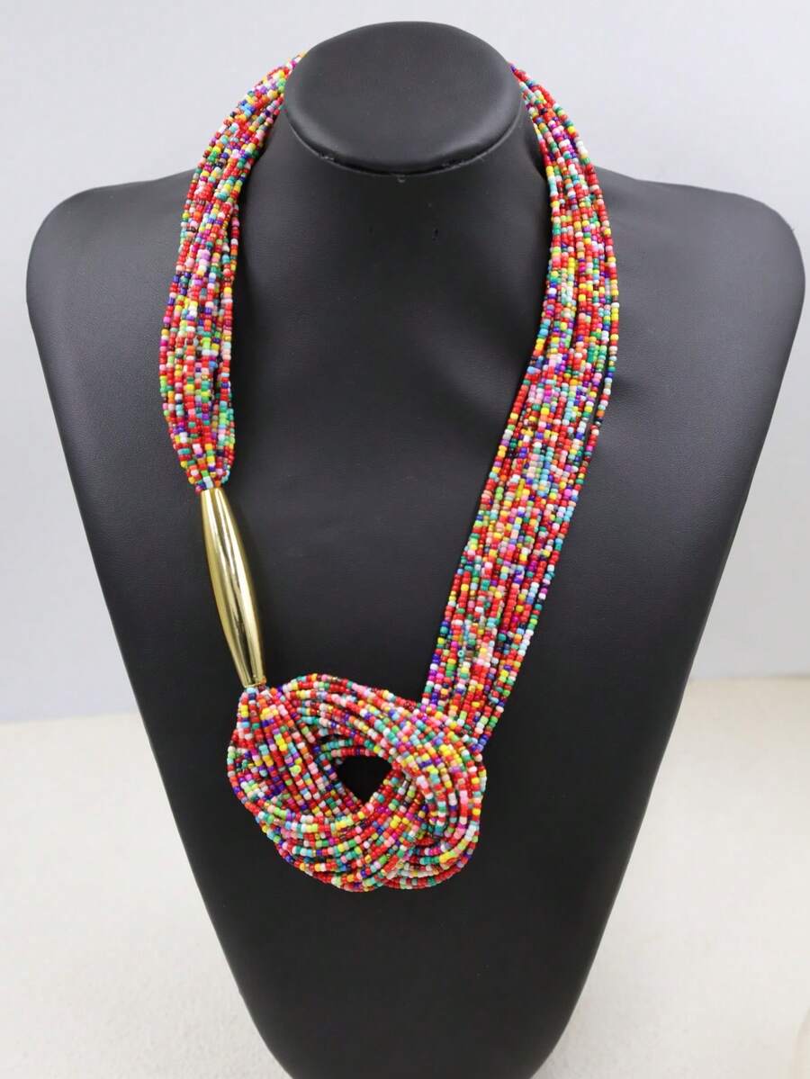 1件波西米亚风多层黑色串珠金色管状打结长项链 - 彩色 - 查看 1