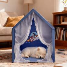 خيمة منزلية للحيوانات الأليفة ذات موضوع الفضاء للكلاب والقطط الكبيرة والمتوسطة الحجم، مأوى داخلي فسيح للحيوانات الأليفة مع بابين وشباك قابل للتهوية، بنمط جميل لرائد الفضاء والصاروخ، كهف أليف مريح يناسب أكثر من حيوان أليف