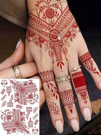 1 ark brun röd henna tillfälliga tatueringar för kvinnor islam muslim ramadan kareem mubarak eid al-fitr tatueringar för händer fingrar mehndi falsk tatuering klistermärke spets blomma smycken tatueringar dekaler