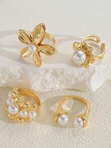 4pcs Elegant Vintage Coin Flower Shaped Pearl Decor Ring Set For Women, Suitable For Vacation, Party, Wedding, Birthday, Daily Wear (No Box) - Yellow Gold - View 6