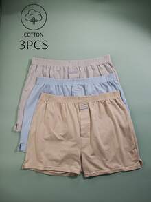 3pcs Casual Basic Knit Fabric Elastic Soft Mid-Waist Men's Loose Fit Crotch Front Closure Pants