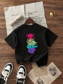 Camiseta de manga corta con cuello redondo y estampado gráfico rosa para niñas preadolescentes y estudiantes, top de verano - Negro - Ver 3