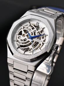 LONGLUX 1pc Men's Hollow Automatic Mechanical Watch With Butterfly Buckle Steel Strap, Minimalist & Fashionable For Daily Wear, Suitable As Holiday Gift