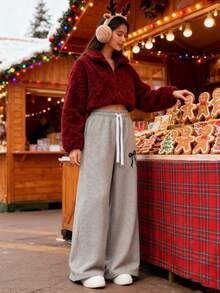 بنطلون نسائي دافئ ومريح من الفليس واسع الساق، مطرز بفيونكة جميلة | خصر عالي مع رباط، بنطلون رياضي فضفاض، مناسب للكاجوال والمنزل والموضة الشارعية في فصلي الخريف والشتاء