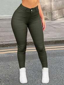 Pantalones ajustados con bolsillo oblicuo - Verde Oscuro - Ver 2